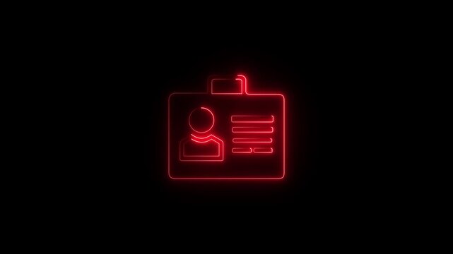 Glowing neon line Identification badge icon isolated on black background. Neon Red ID card icon for futuristic credential UI Bright cyber badge symbol with technological.4k Animation.