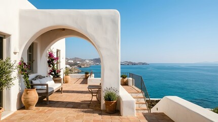Fototapeta premium Beautiful Mediterranean terrace with white arch and patio overlooking blue sea in Mykonos Greece