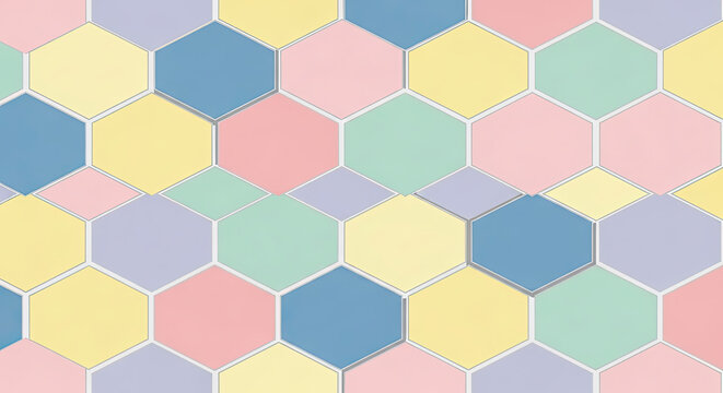 Colorful pastel hexagon mosaic seamless geometric pattern background.