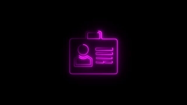 Glowing neon line Identification badge icon isolated on black background. Neon purple ID card icon for futuristic credential UI Bright cyber badge symbol with technological.4k Animation.