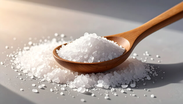 Close-up of Coarse Sea Salt Crystals on a Wooden Spoon.