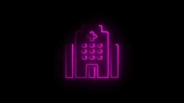 Hospital Icon Neon Glowing Animation Isolated On Black Background. Hospital Building Logo. Sign. Symbol.