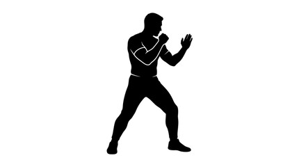 Obraz premium Silhouette of a boxer in fighting stance, black on white background