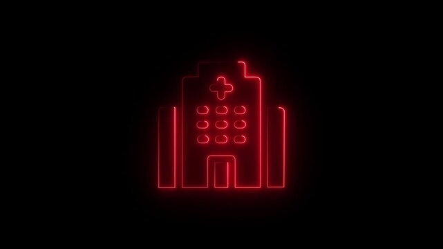 Hospital Icon Neon Glowing Animation Isolated On Black Background. Hospital Building Logo. Sign. Symbol.