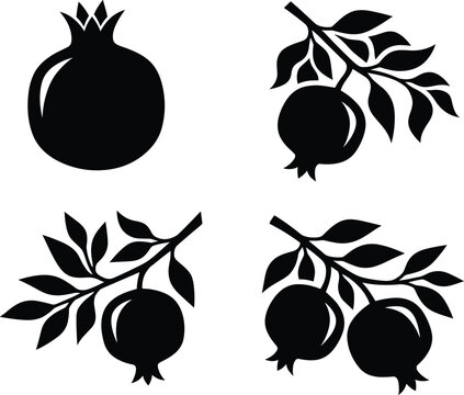 A professional minimalist vector silhouette set featuring fresh whole pomegranates and botanical fruit branches