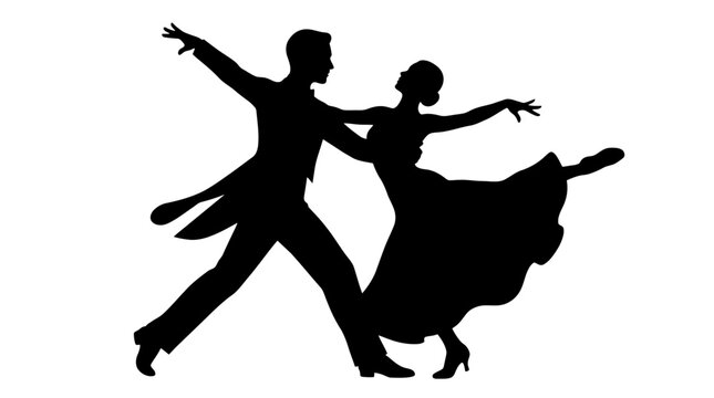 Elegant Couple Silhouette Dancing Ballroom Waltz on White Background