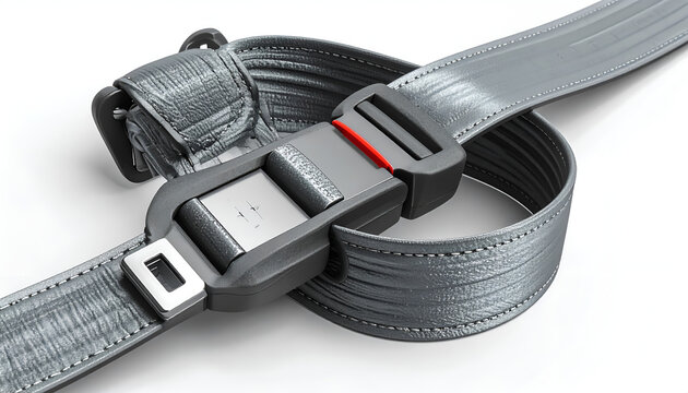 Close-up of a Gray Seatbelt Buckle and Strap on a White Background.