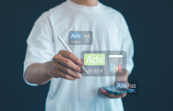 Digital advertising management concept with marketer controlling online ad campaigns through virtual dashboards, featuring performance analytics, audience targeting, campaign optimization.