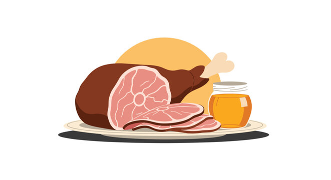 Whole ham on a serving plate with slices and a jar of honey for a festive holiday dinner illustration in a simple graphic art style.