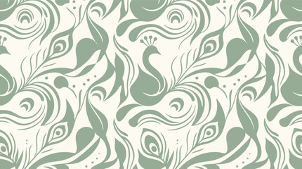 Fototapeta premium Elegant seamless vector pattern with graceful peacock and feather motifs, perfect for decorative backgrounds