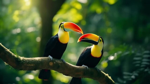 Toucan sitting on the branch in the forest, green vegetation. Nature travel. Two Keel billed Toucan, Ramphastos sulfuratus, pair of bird with big bill. Birds perched on branch with blurred background.