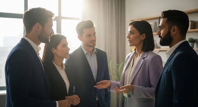 Business professionals discussing project in bright modern office perfect for corporate teamwork and management