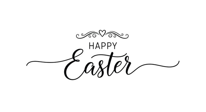 Elegant Happy Easter text in black script font with a small heart and delicate swirl ornaments on a white background.