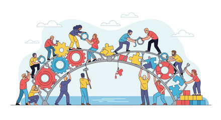 Naklejka premium Diverse Team Building Bridge with Gears and Puzzle Pieces
