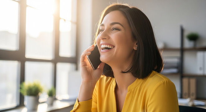 Smiling businesswoman talking on mobile phone in bright office perfect for professional corporate communication