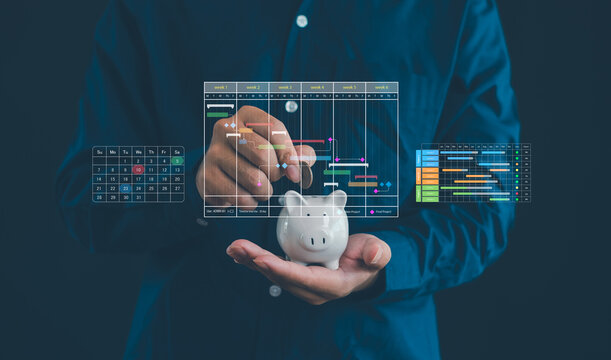 Financial planning and project management concept featuring a piggy bank with scheduling charts, timeline tracking, budget allocation, resource planning, and investment strategy optimization.