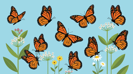 Colorful monarch butterflies flying around flowers. © Ira Project