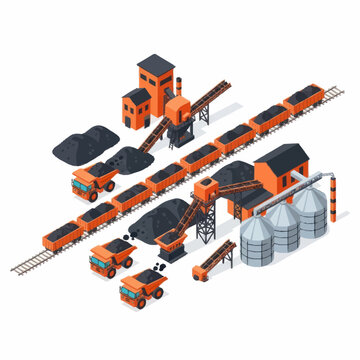 Coal mining industrial complex with trains and machinery isometric illustration.