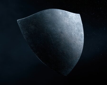 Metallic armor shield floating in dark space, premium protection concept