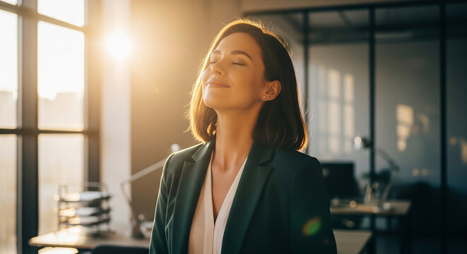 Peaceful businesswoman relaxing in dark office setting perfect for professional stress relief and mental wellness