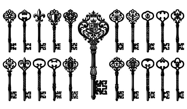 Decorative antique skeleton key vector set with elegant vintage ornament details