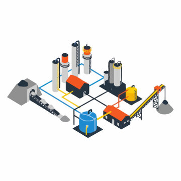 Industrial factory complex with processing equipment and conveyor belts.