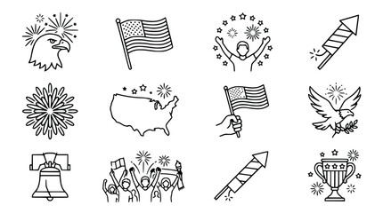 USA Independence Day Icons: Eagle, Flag, Fireworks, Liberty Bell, Map, Trophy, Rocket © Embun