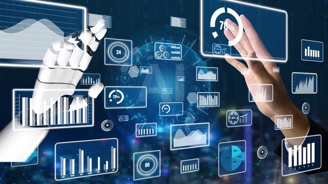 Human and robotic hands interact in a futuristic setting, showcasing a vibrant digital data visualization, symbolizing innovation and technology in modern business practices. Xenic