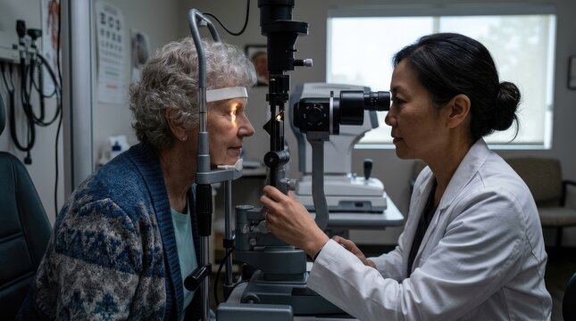 An eye doctor examines an elderly woman's eyes with an ophthalmoscope. The doctor, wearing a white coat, carefully focuses the instrument while the patient looks towards her.