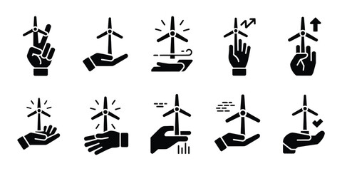 Obraz premium Wind Energy Support Icons, ecology energy silhouette symbols, renewable power generation, sustainable environment vector design, transparent background.
