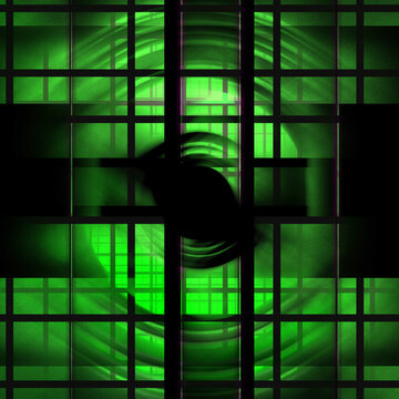 Ensemble de polygone vert sur fond noir renvoyant l'image d'un tourbillon vert et noir.