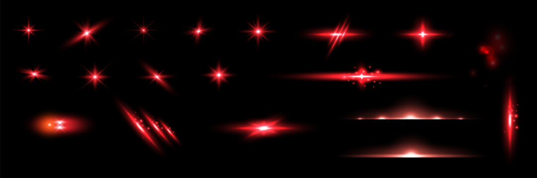Red light effect reflections, neon illumination in red colors. Bright light lens. Police light effects, lines. Shiny stars, glowing sparks on a black background.