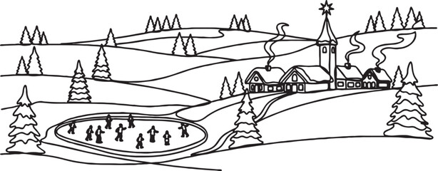Fototapeta premium Winter village landscape with ice skaters on frozen pond and snowy hills festive rural scene with church ice skating landscape recreation activity environment community christmas