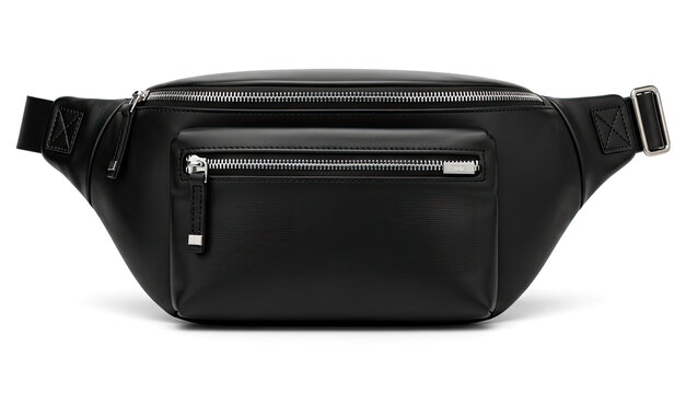A sleek, black leather fanny pack rests on a transparent background. The bag features a silver zipper and a zippered pocket.