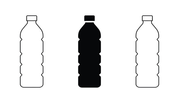 Water bottle icon set, black and white vector graphics featuring three plastic bottle silhouettes for hydration, beverage packaging, recycling, fitness, and product design concepts