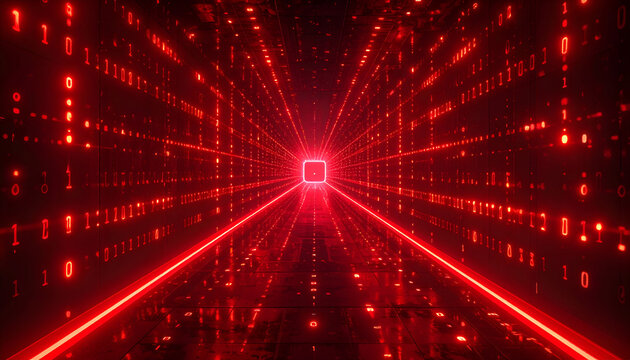 Abstract Red Neon Tunnel with Digital Data Flow.