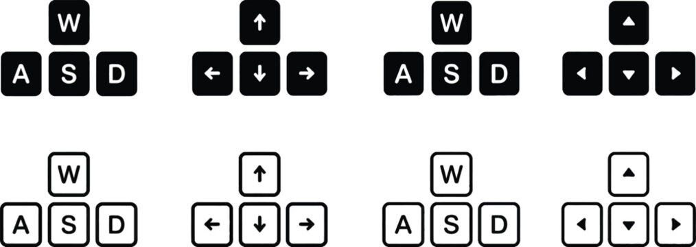 Keyboard Directional Graphic Graphics: Gamer, Control, and PC Input Symbols. Desktop Hardware Badges for Navigation, Play Movement, and Multimedia Control. WASD Gaming Key Icons & Arrow Button black. 