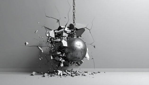 Wrecking Ball Crashing Through Wall Symbolizing Destruction and Change.
