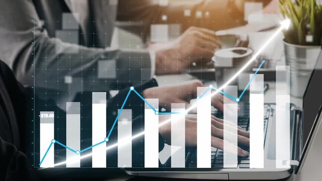 Engaging visual of business professionals analyzing growth metrics on a laptop, showcasing charts and graphs that represent data insights and trends in a meeting environment. Copula