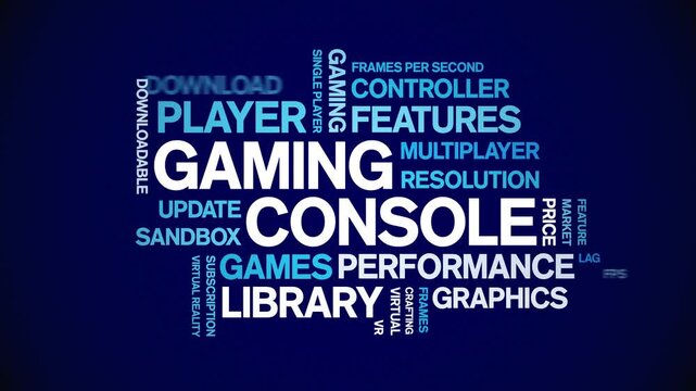 Gaming Console animated word cloud-gross domestic product animation tag kinetic typography seamless loop.