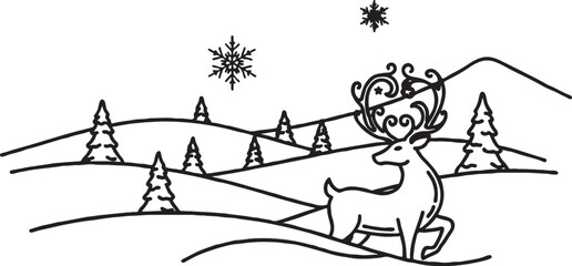 Reindeer in snowy winter forest landscape with pine trees and falling snowflakes line art black and white coloring book design element hand drawn winter wonderland reindeer landscape © Salman