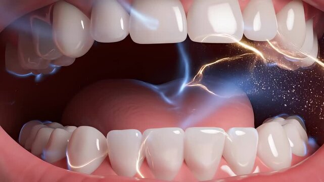teeth and inner mouth surfaces conducting energy in extreme macro close-up as electrical streams move across enamel and tissue, illustrating dental structure interaction, oral diagnostics