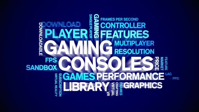 Gaming Consoles animated word cloud-gross domestic product animation tag kinetic typography seamless loop.