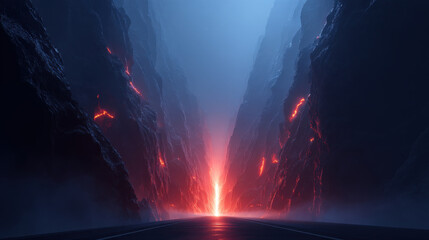 Fototapeta premium Mystic canyon road with glowing lava cracks and blue fog at night, dramatic digital landscape in futuristic style