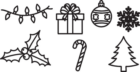 Fototapeta premium Collection of outline christmas and winter holiday icons featuring string lights gift box ornament snowflake holly candy cane fir tree line art black and white christmas decoration