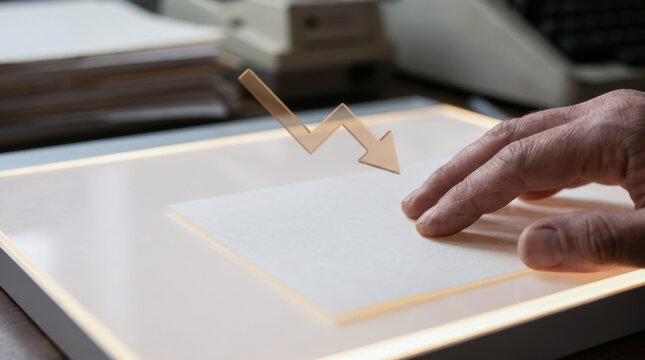 Macroeconomic volatility concept with hand pointing at downward arrow symbolizing economic decline and uncertainty in business environment