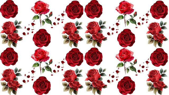 Seamless red rose floral pattern with elegant blossoms and scattered petals on white background for wedding decor and wallpaper design