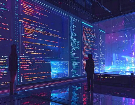A futuristic scene with a person standing in front of a large wall of colorful computer code