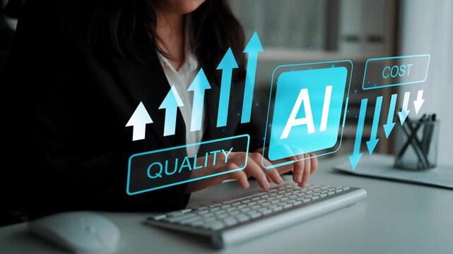 Business professional analyzing artificial intelligence data trends with upward arrows representing quality and cost improvements in a modern workspace Gluon.