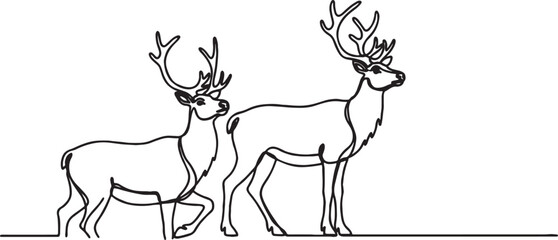 Minimalist continuous line drawing of two reindeer standing side by side black and white vector illustration for animal conservation or winter holiday concepts reindeer minimalist © Salman